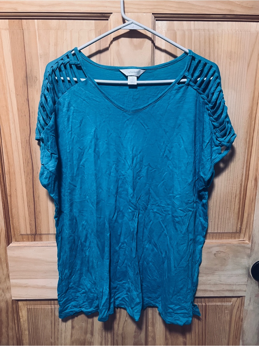 CJ Banks Teal Ladder-Shoulder V-Neck Tee